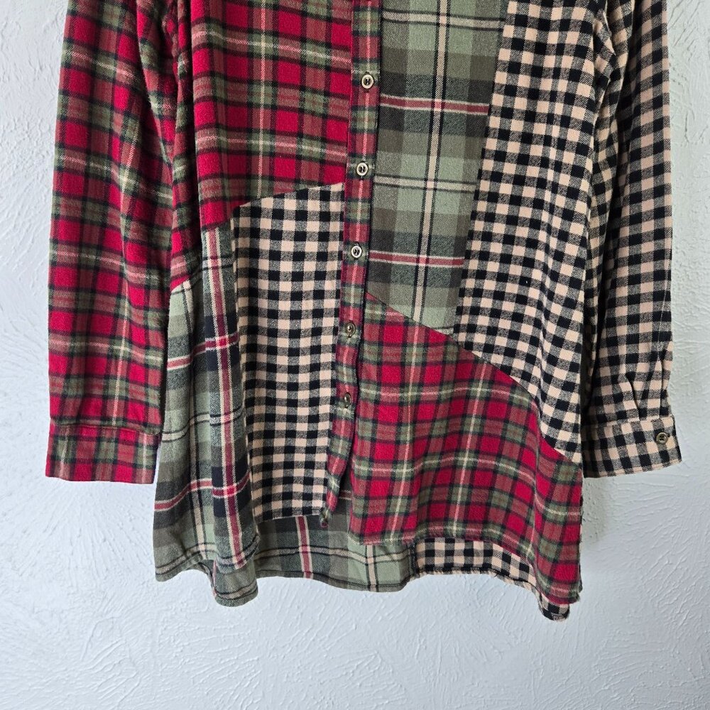 Patchwork Mix Plaid Shirt S Grunge Granola Girl Buttondown Collar Tunic Top - Picture 5 of 12
